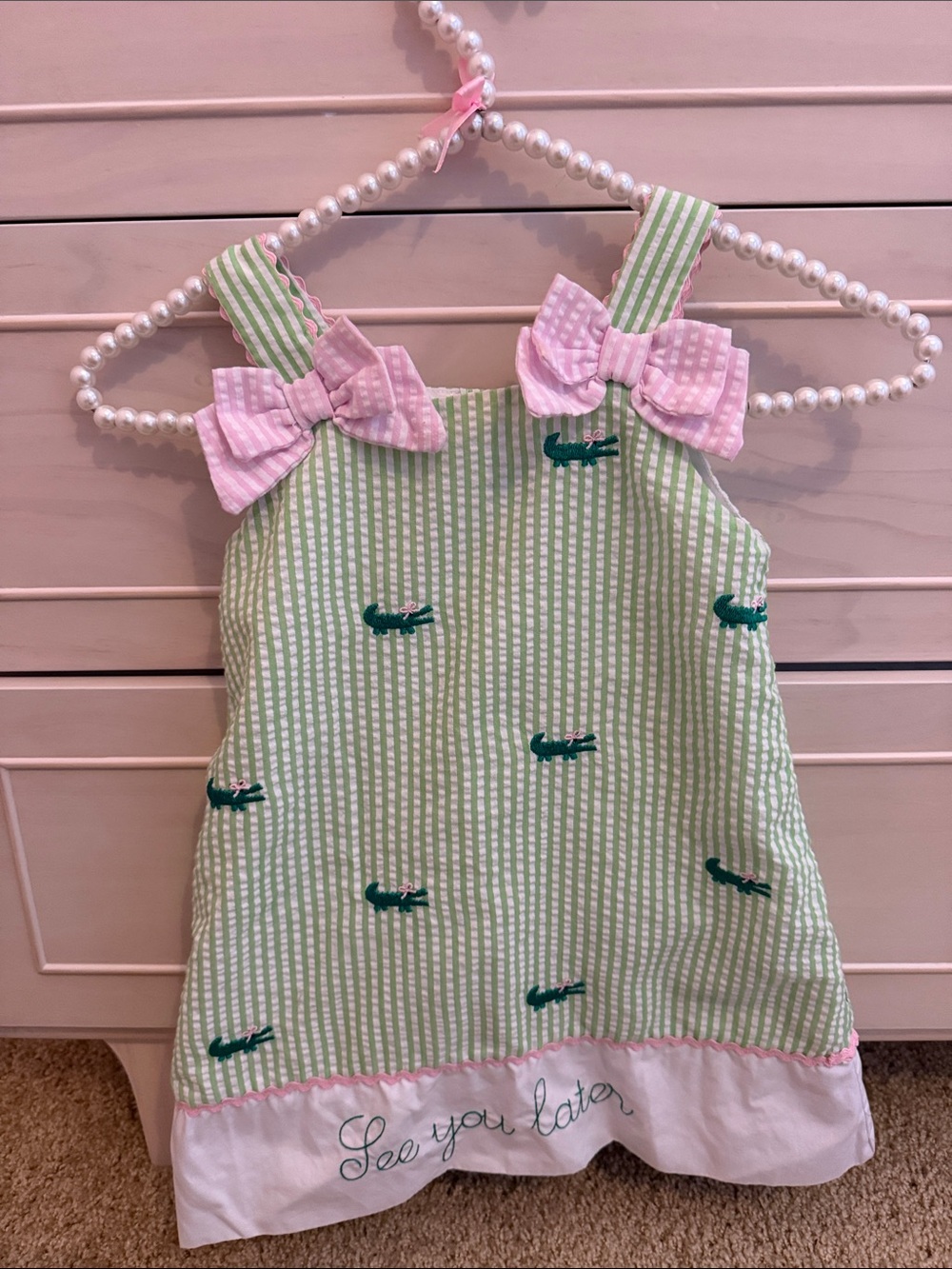 Girls' Green Seersucker Tank Top with Pink Bow Straps